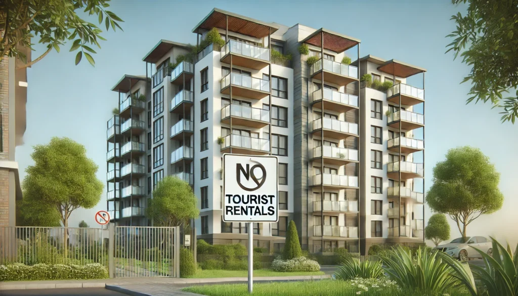 Edificio moderno de apartamentos con varias plantas, balcones y ventanas. En el frente, se muestra un cartel que indica 'No Tourist Rentals'. El entorno cuenta con vegetación y un cielo despejado, adecuado para un post sobre regulaciones legales en comunidades residenciales