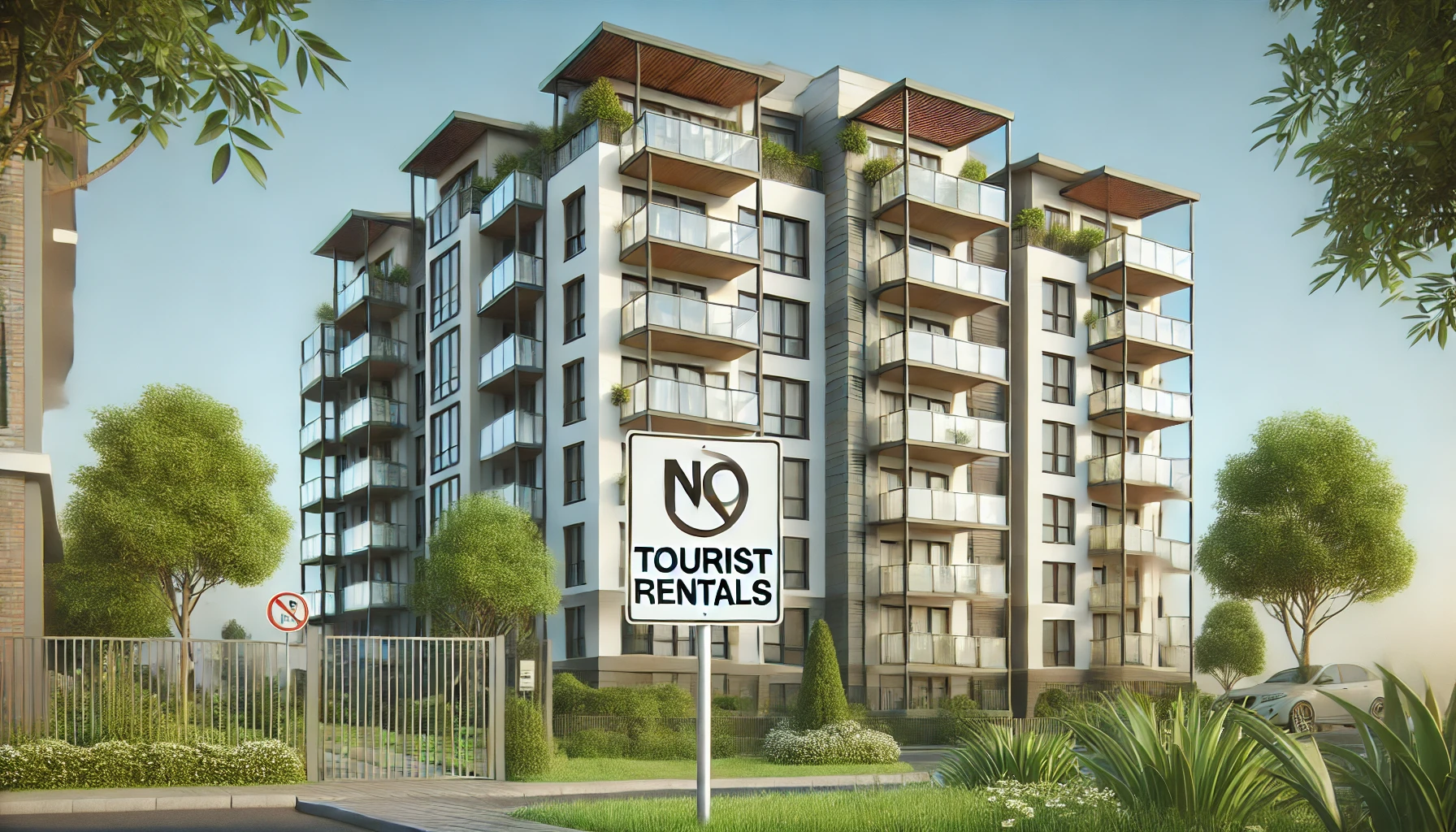 Edificio moderno de apartamentos con varias plantas, balcones y ventanas. En el frente, se muestra un cartel que indica 'No Tourist Rentals'. El entorno cuenta con vegetación y un cielo despejado, adecuado para un post sobre regulaciones legales en comunidades residenciales