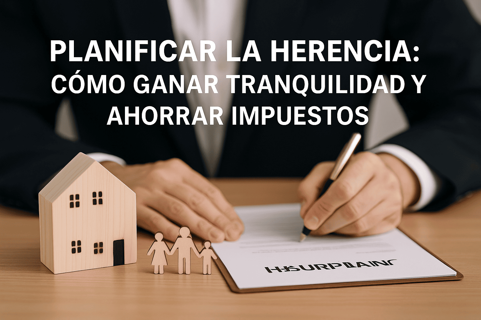 planificar-herencia-tranquilidad-ahorro Persona firmando un documento de herencia en notaría junto a una casa y figuras familiares de madera, simbolizando tranquilidad y ahorro en la planificación sucesoria.