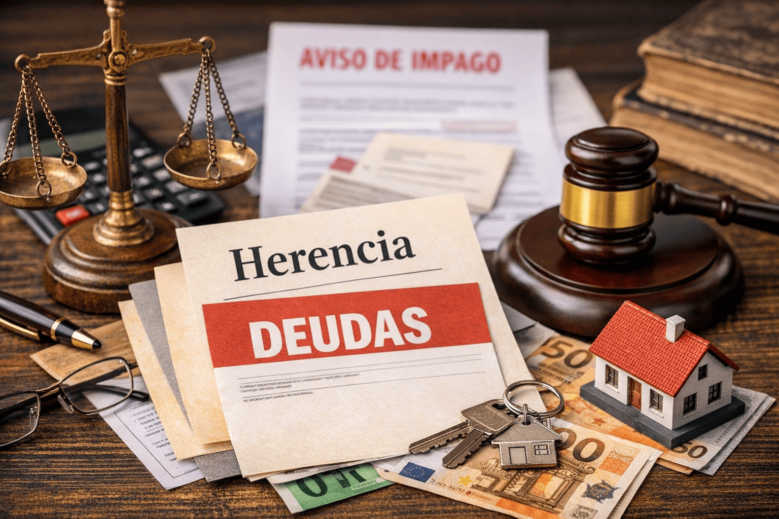 Investigación de deudas en una herencia con documentos legales y financieros sobre la mesa