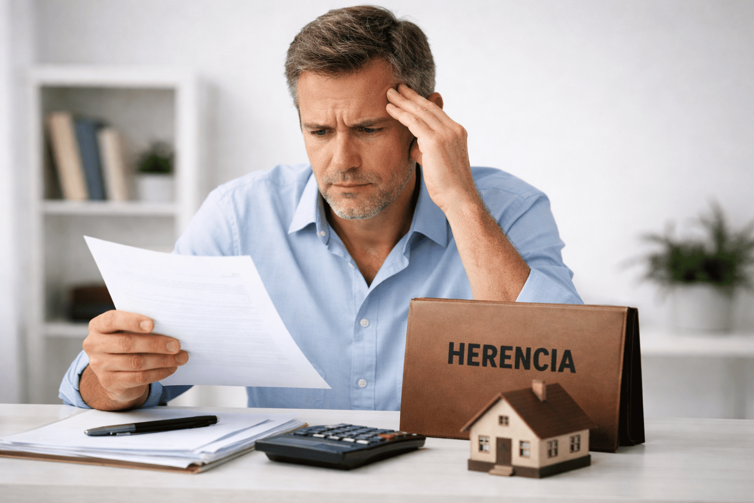 Persona revisando documentos de una herencia con deudas antes de decidir si renunciar o aceptar a beneficio de inventario